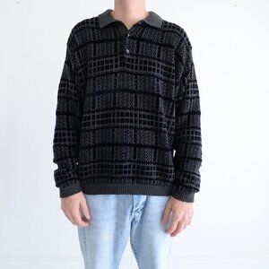 Vintage Trader Bay 3D Pattern Eclectic Grandpa Button Collar Gray Black Sweater